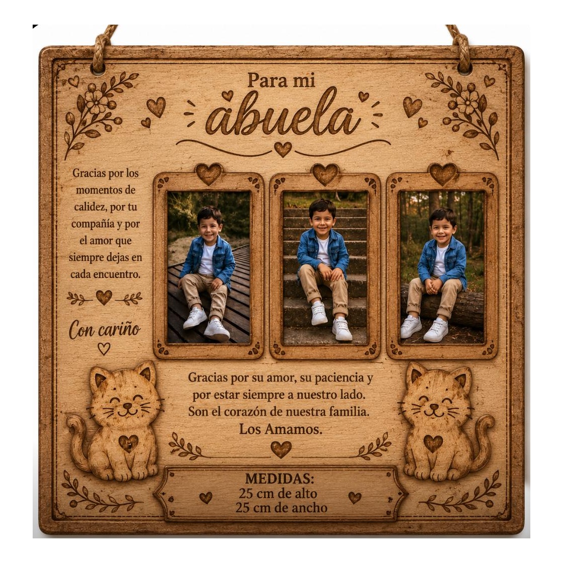 Cuadro de Madera Grabado Personalizado con 3 Fotos para Abuela