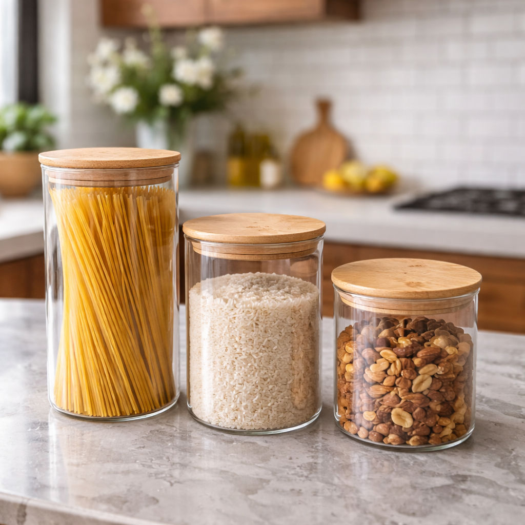 Juego de frascos de vidrio con tapa de bambú – 3 piezas