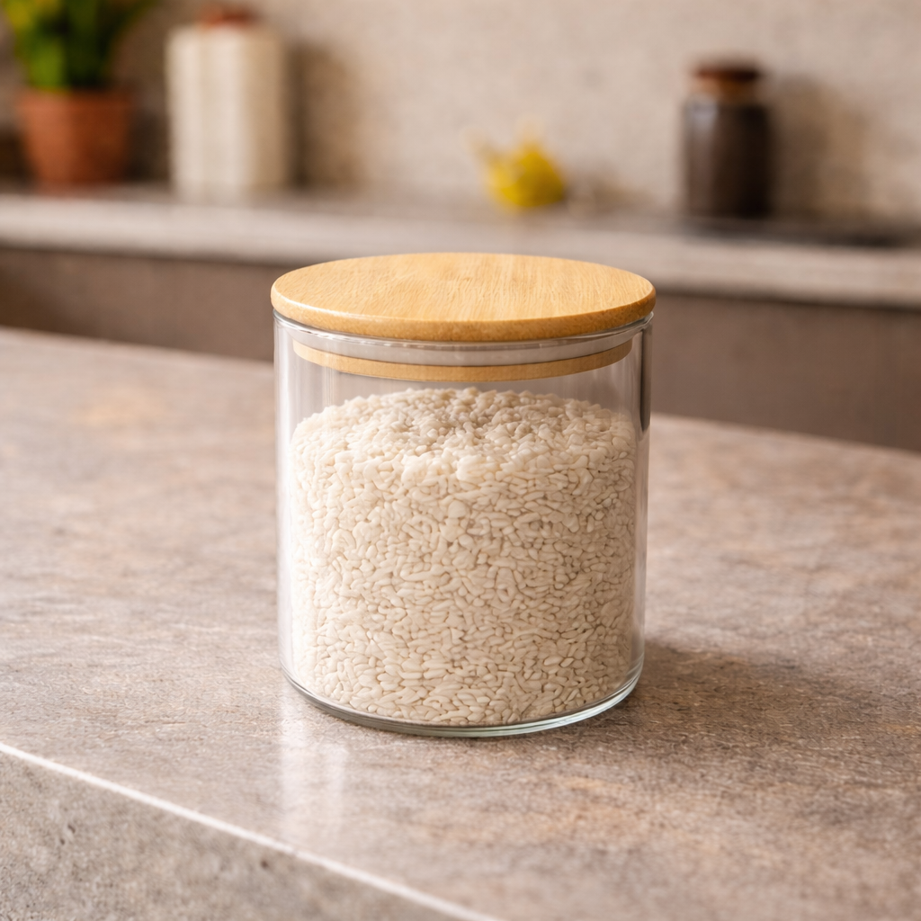 Frasco de vidrio tapa bambú, mediano